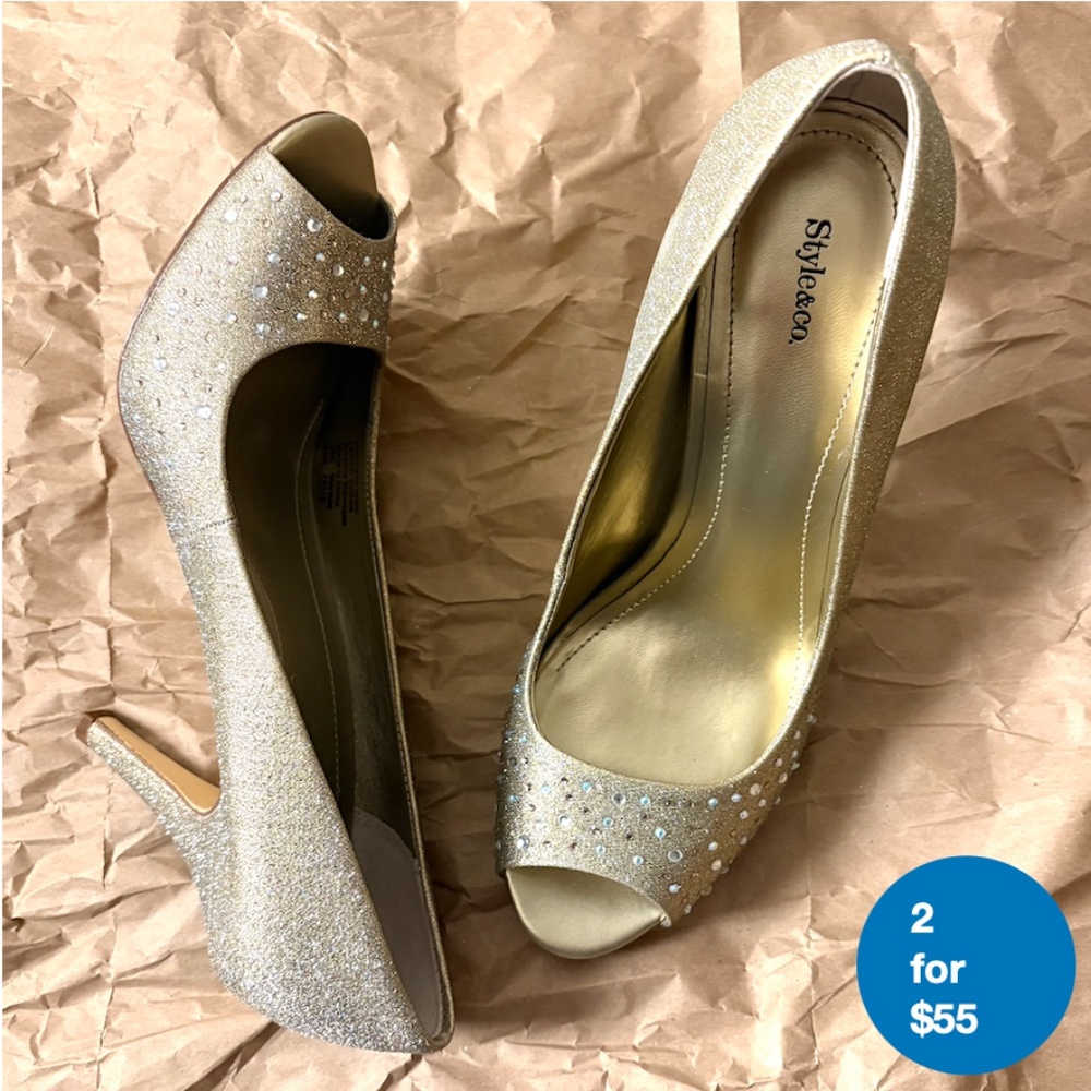 Style & Co Gold Glitter Peep-Toe Heels with Rhinestones Size 8.5